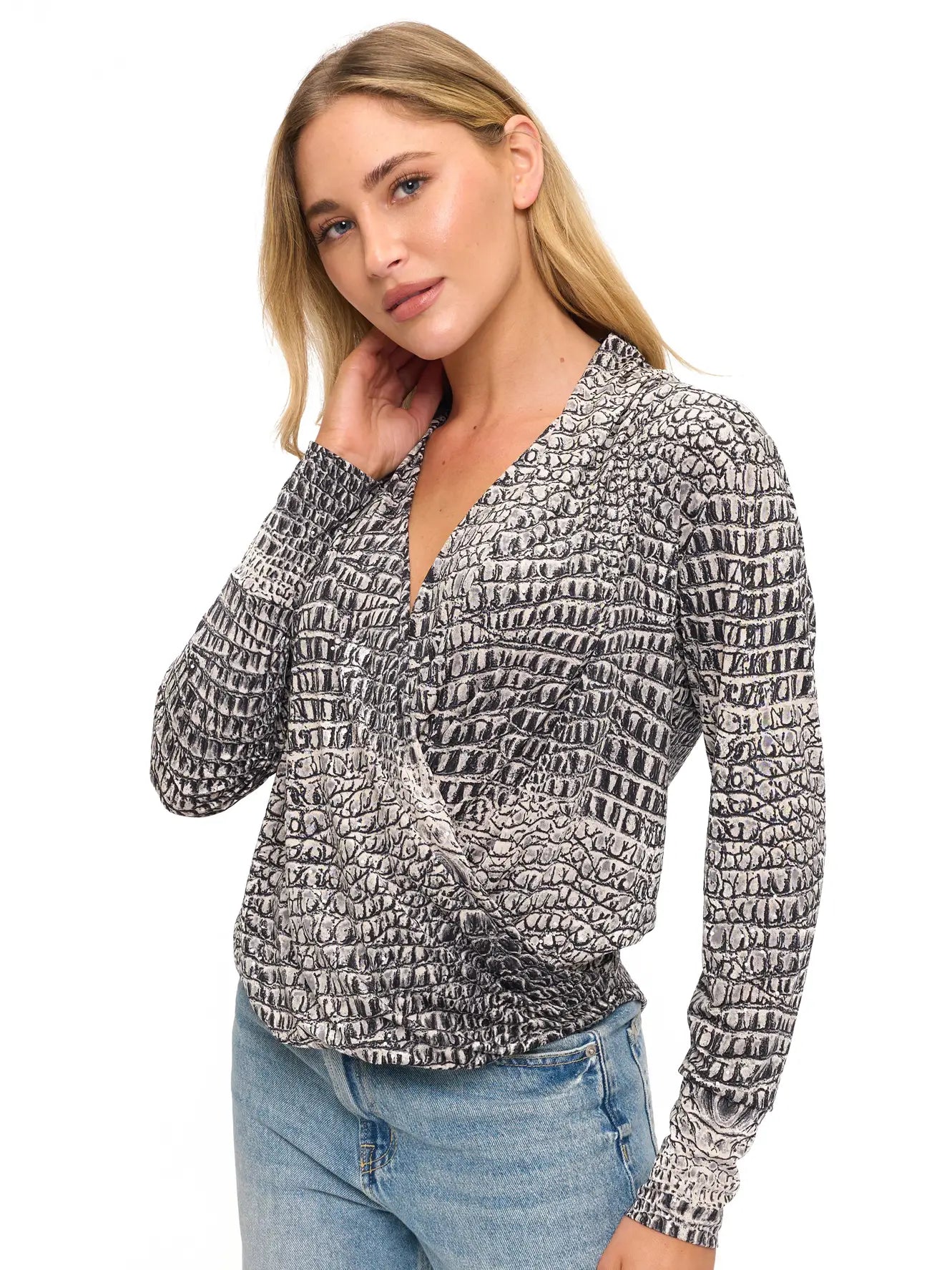 Animal Print Wrap Front Long Sleeve Blouse Top