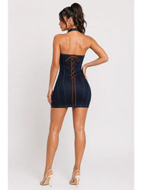 Denim Halter Lace-Up Back Bodycon Mini Dress