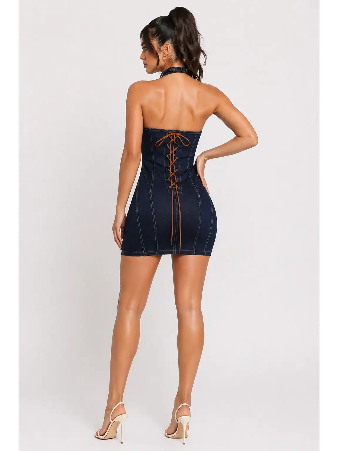 Denim Halter Lace-Up Back Bodycon Mini Dress