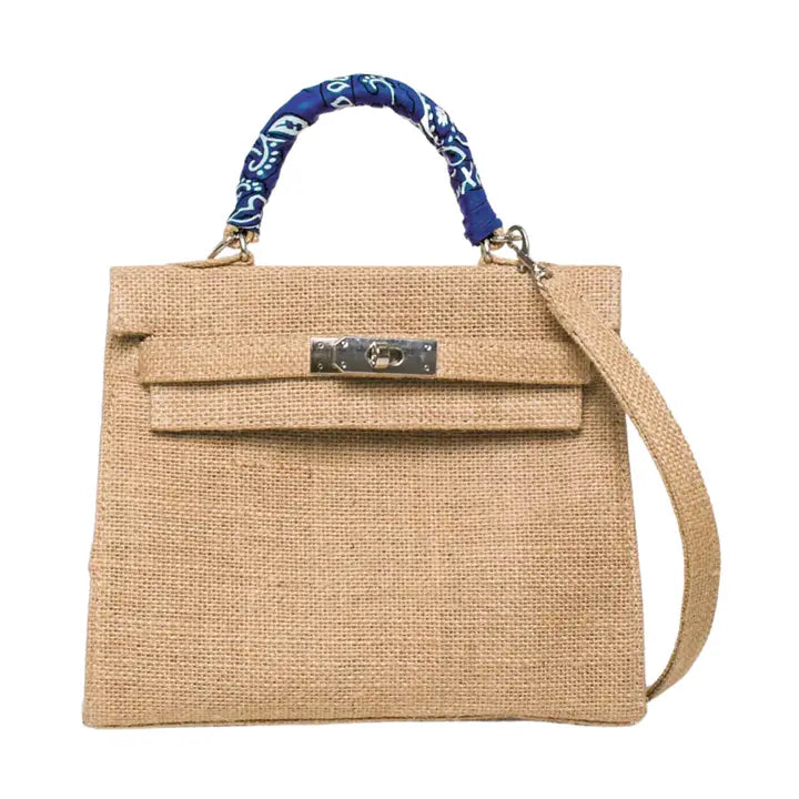 Bandana Handle Jute Satchel Bag with Crossbody Strap