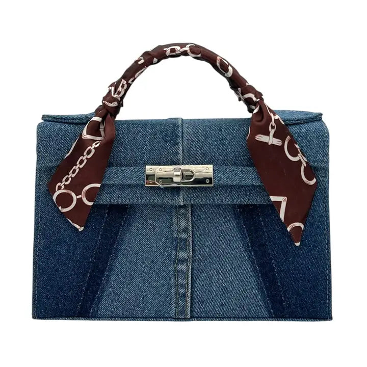 Structured Denim Top Handle micro Bag with Scarf Wrapped Handle