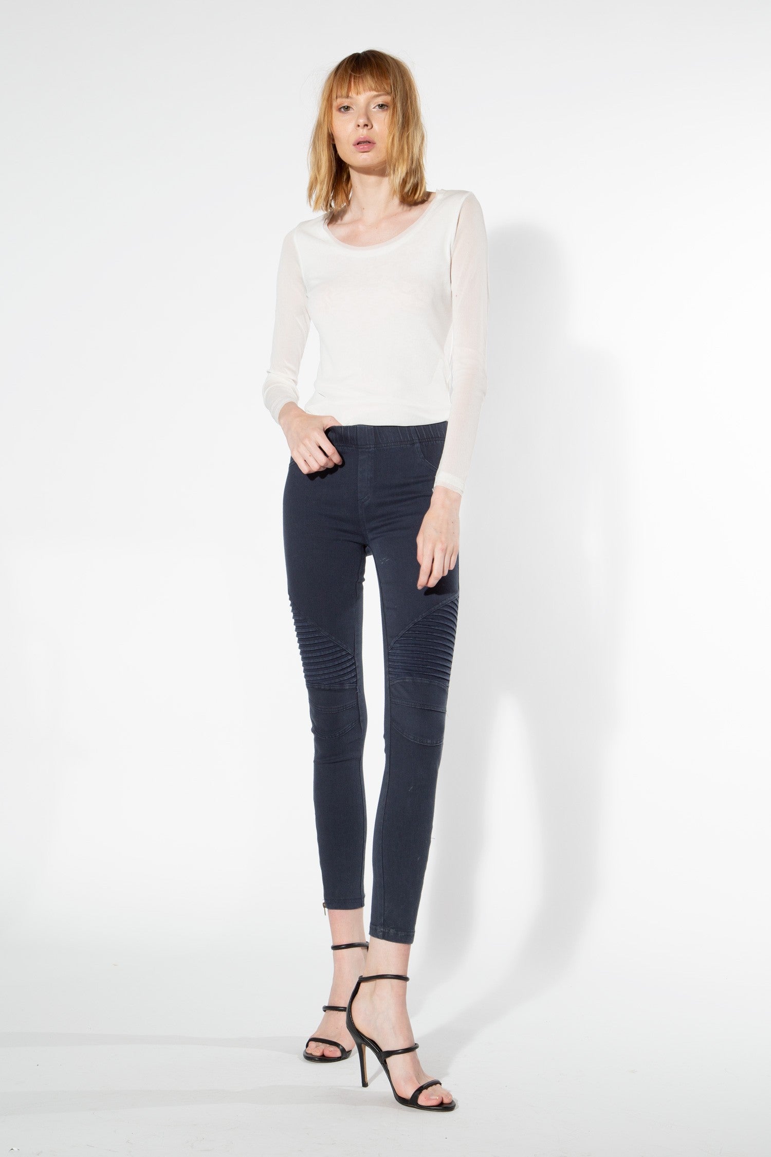 High-Waisted Moto Leggings with Zipper Detail - Blue
