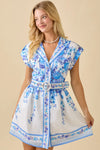 Blue Floral Belted Button-Front Mini Dress