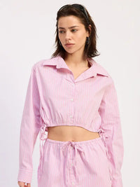 Pink Striped Cropped Button Down Shirt with Drawstring Hem