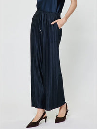 Pleated Wide Leg Drawstring Pants Navy Blue