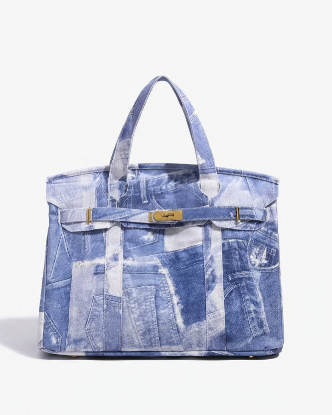 Denim Print Canvas Tote Bag with Turn Lock Closure