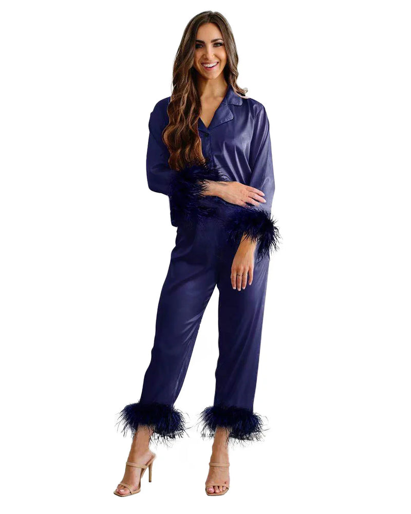 FEATHER TRIM LONG SLEEVE PAJAMA SET