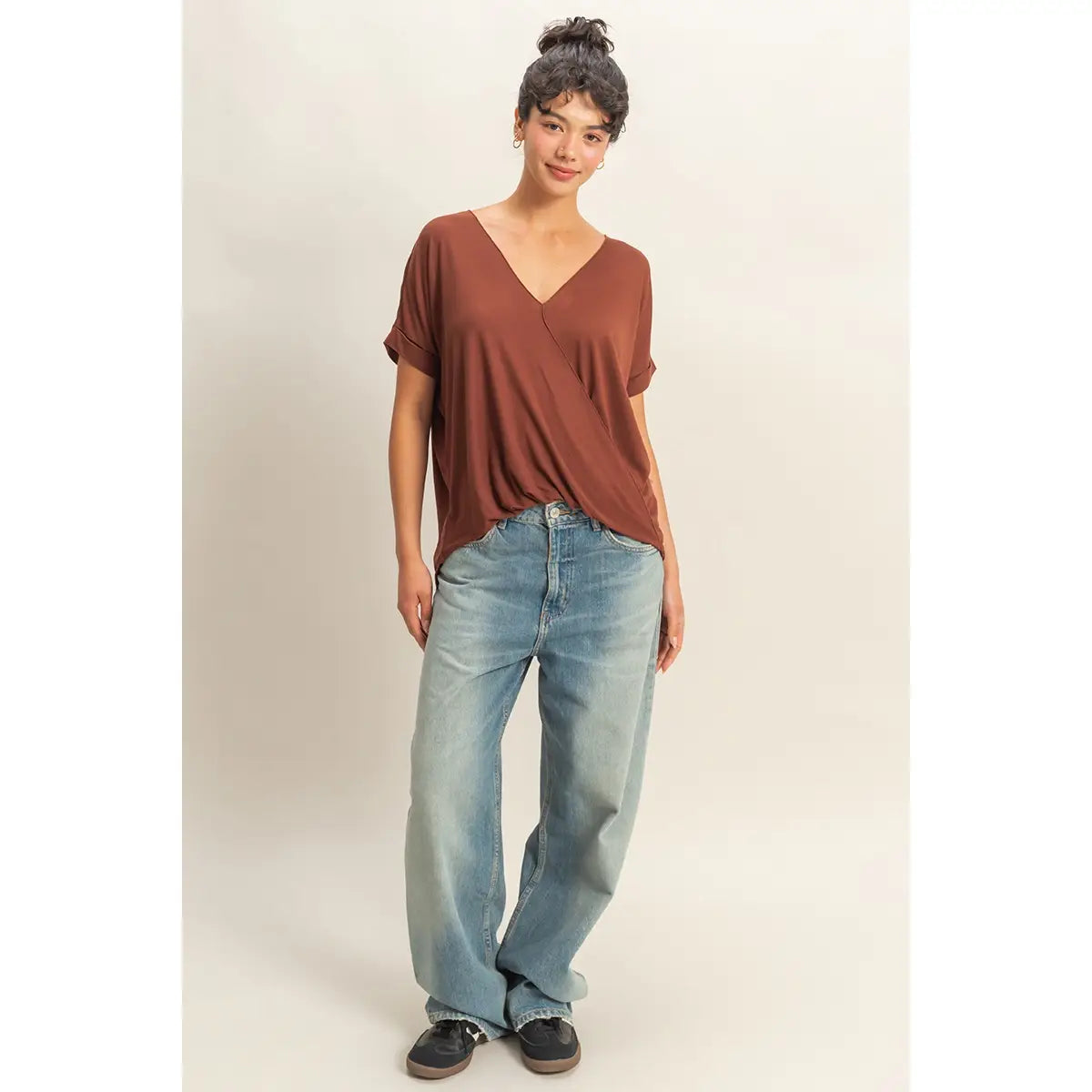 Brown Front Short Sleeve Blouse with Relaxed Fit