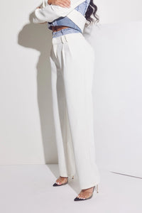 White Tailored Pants with Light Denim Waistband Detail