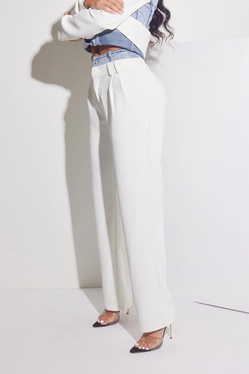 White Tailored Pants with Light Denim Waistband Detail