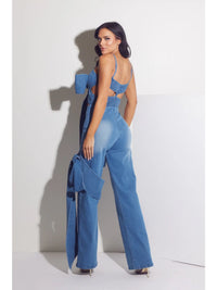 Denim Wide Leg Jumpsuit with Oversized Bow Detail