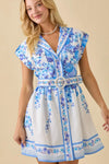 Blue Floral Belted Button-Front Mini Dress