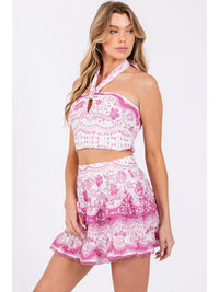 Pink Floral Halter Crop Top and Tiered Mini Skirt Set