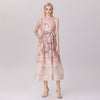 Floral Organza Midi Dress with Spaghetti Straps and Waist Tie