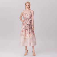 Floral Organza Midi Dress with Spaghetti Straps and Waist Tie