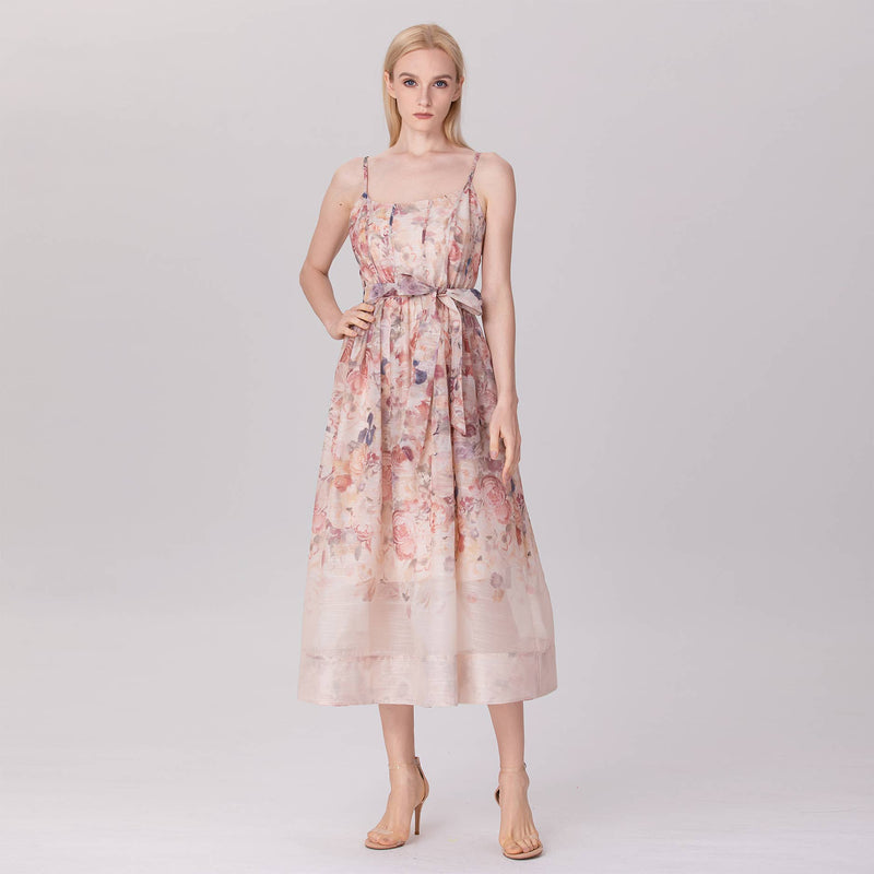 Floral Organza Midi Dress with Spaghetti Straps and Waist Tie
