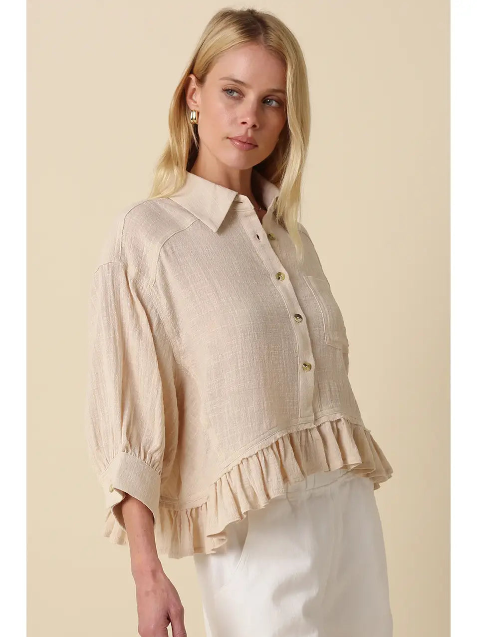 Lightweight Ruffle Hem Button-Up Blouse with Puff Sleeves in Nude