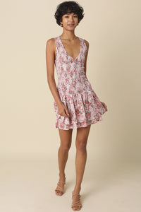 Smocked Floral Mini Dress with Ruffle Hem and Sleeveless V-Neck Design