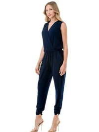 Navy Sleeveless Surplice Jogger Leg Jumpsuit