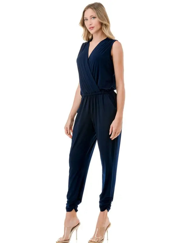 Navy Sleeveless Surplice Jogger Leg Jumpsuit