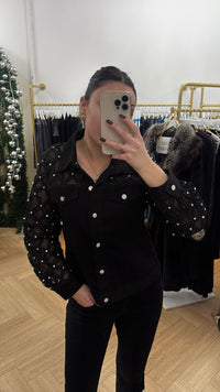 Black Denim Jacket with Sheer Pearl-Embellished Sleeves