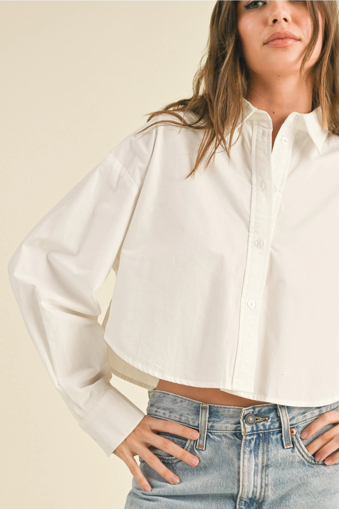 White Cropped Button-Up Long Sleeve Shirt Top