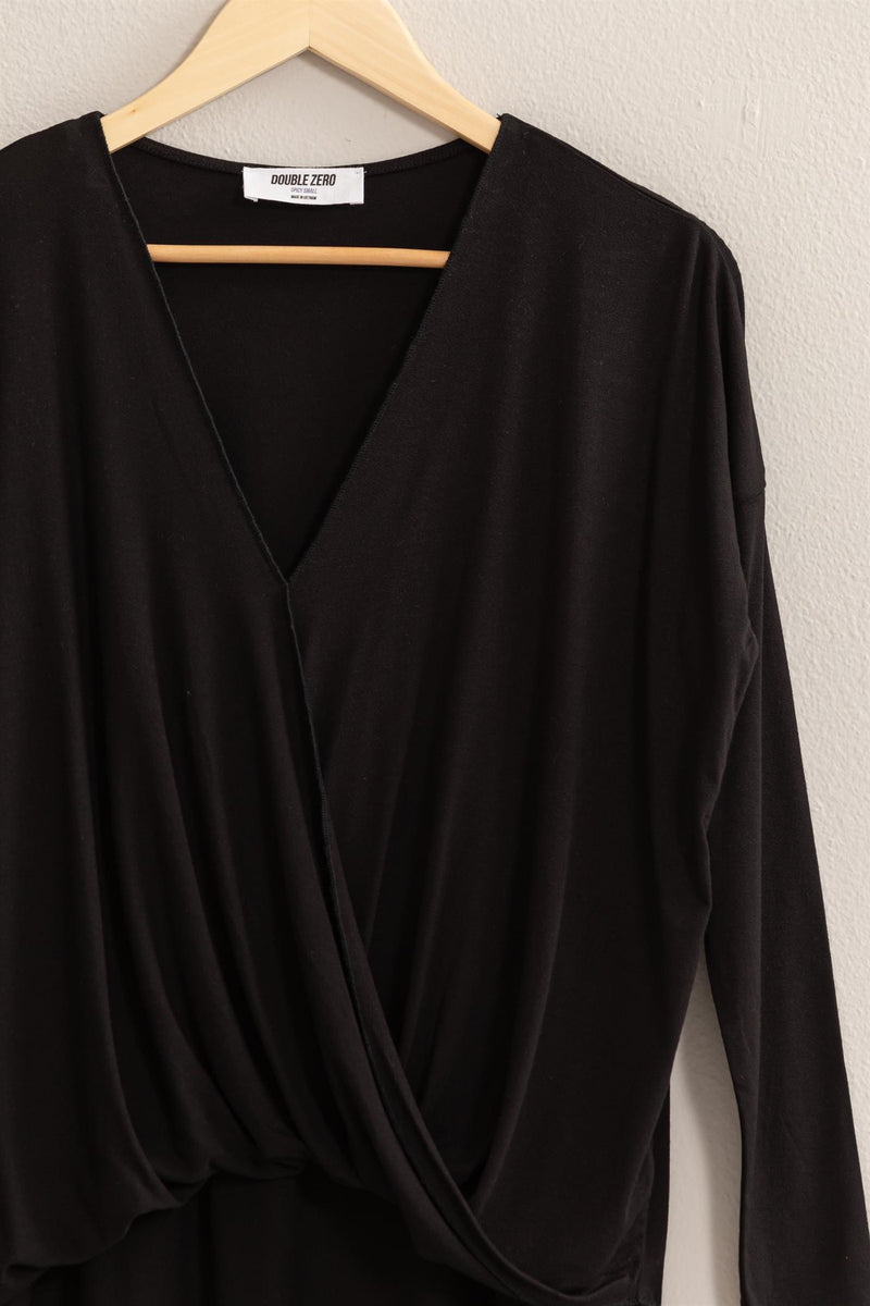 DRAPED LONG SLEEVE SURPLICE TOP BLACK