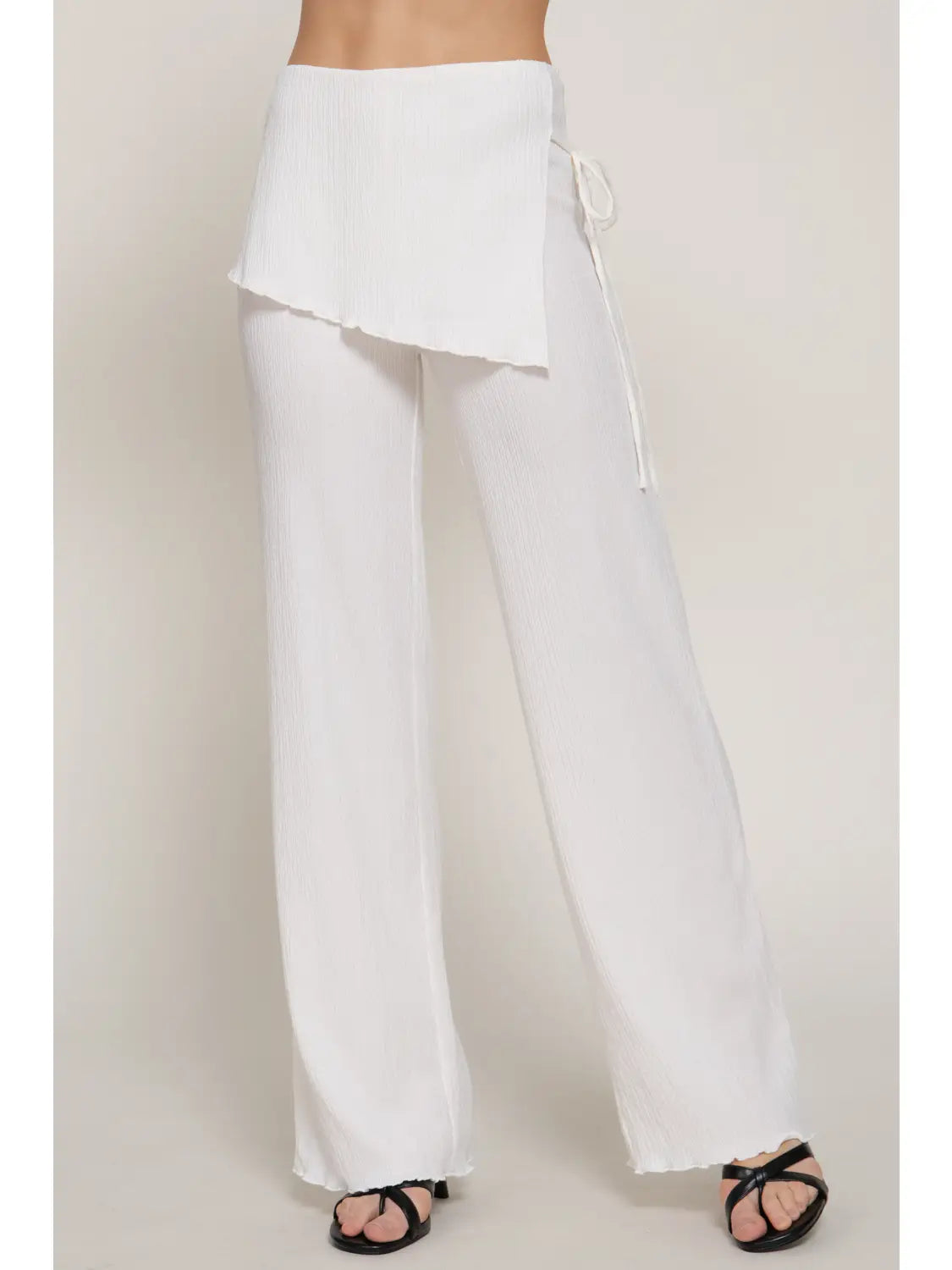 White Textured Wrap Detail Wide Leg Pants