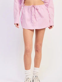Pink Striped Drawstring Mini Skirt with Button Front Detail