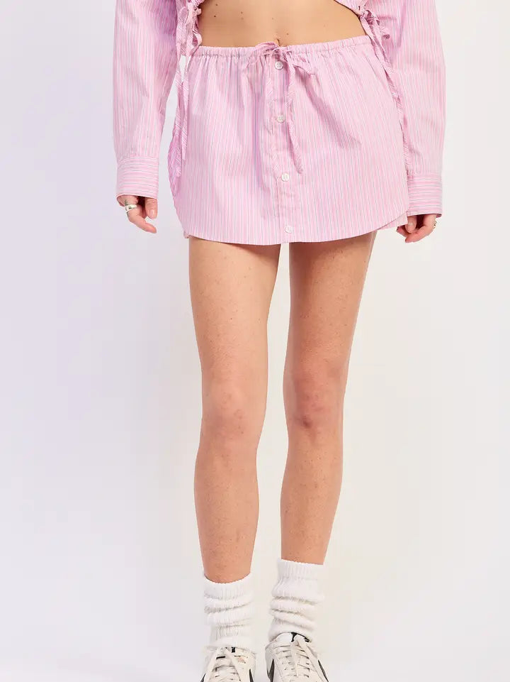Pink Striped Drawstring Mini Skirt with Button Front Detail