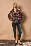 Black Floral Sheer Ruffle Sleeve Blouse