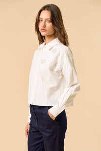 Cropped Button-Up Shirt with Floral Appliqué Detail and Long Sleeves