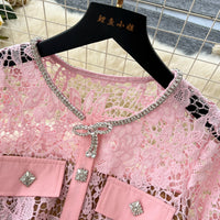 Pink Floral Lace Long Sleeve Midi Dress with Belt and Crystal Button Detail