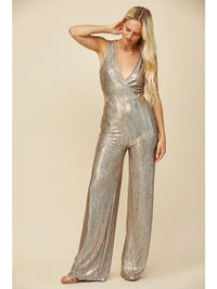 Metallic Pleated Wide Leg Cutout Jumpsuit