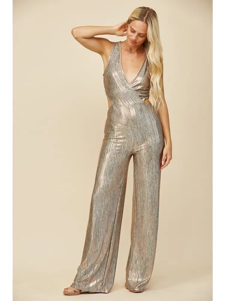 Metallic Pleated Wide Leg Cutout Jumpsuit