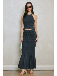 Navy Blue Smocked Mermaid Maxi Skirt with Drawstring Waist