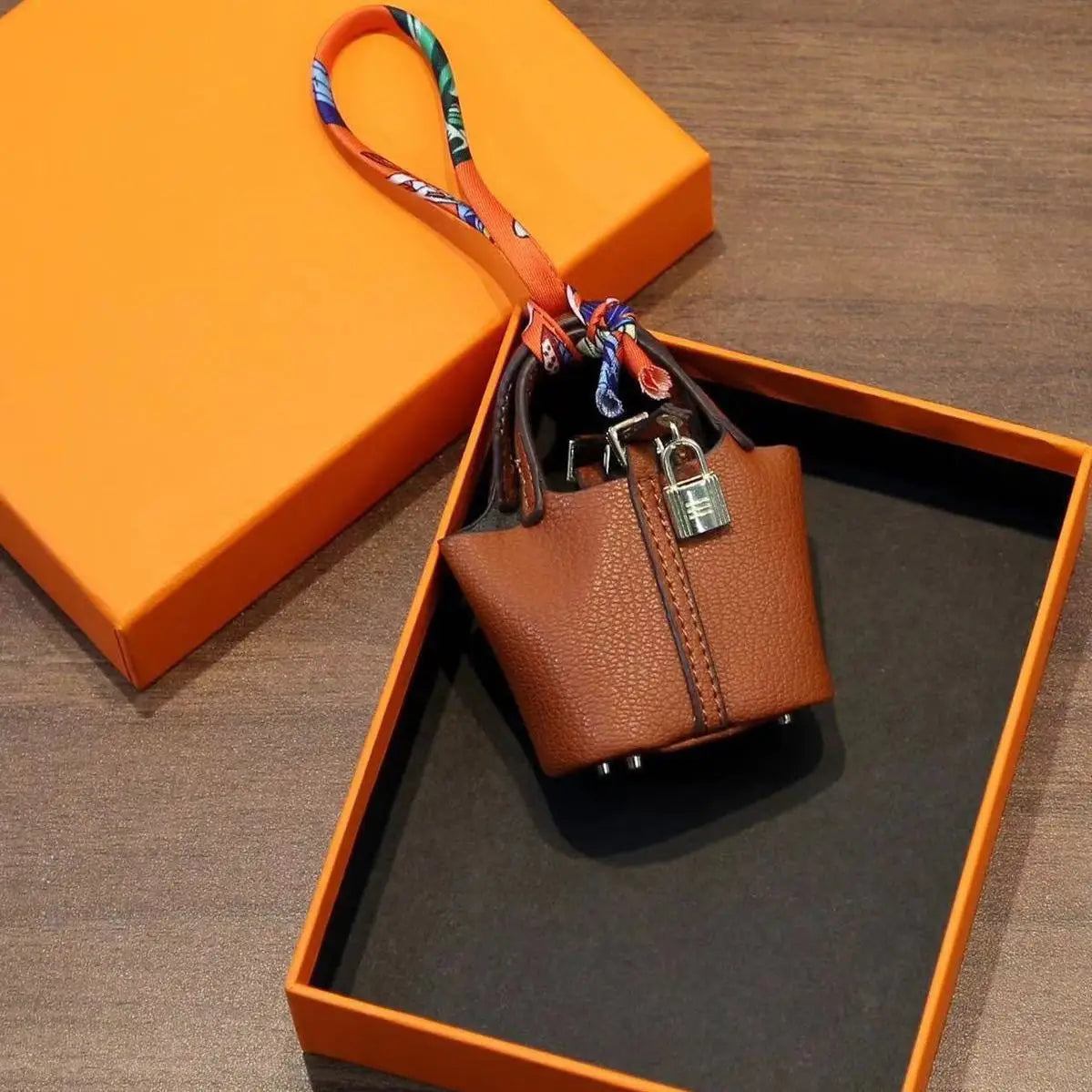 Mini Top Handle Bag Charm Keychain with Lock Detail and Scarf Strap