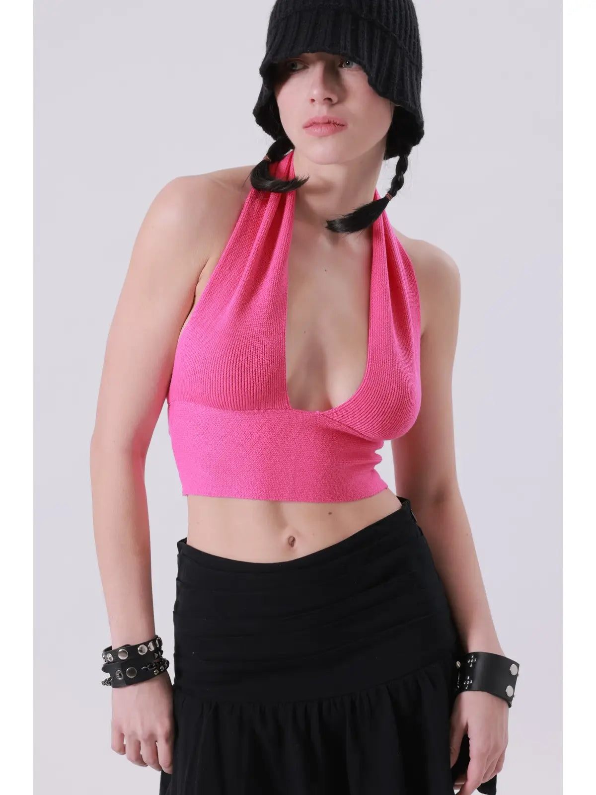 Pink Ribbed Halter Neck Crop Top with Deep V Neckline
