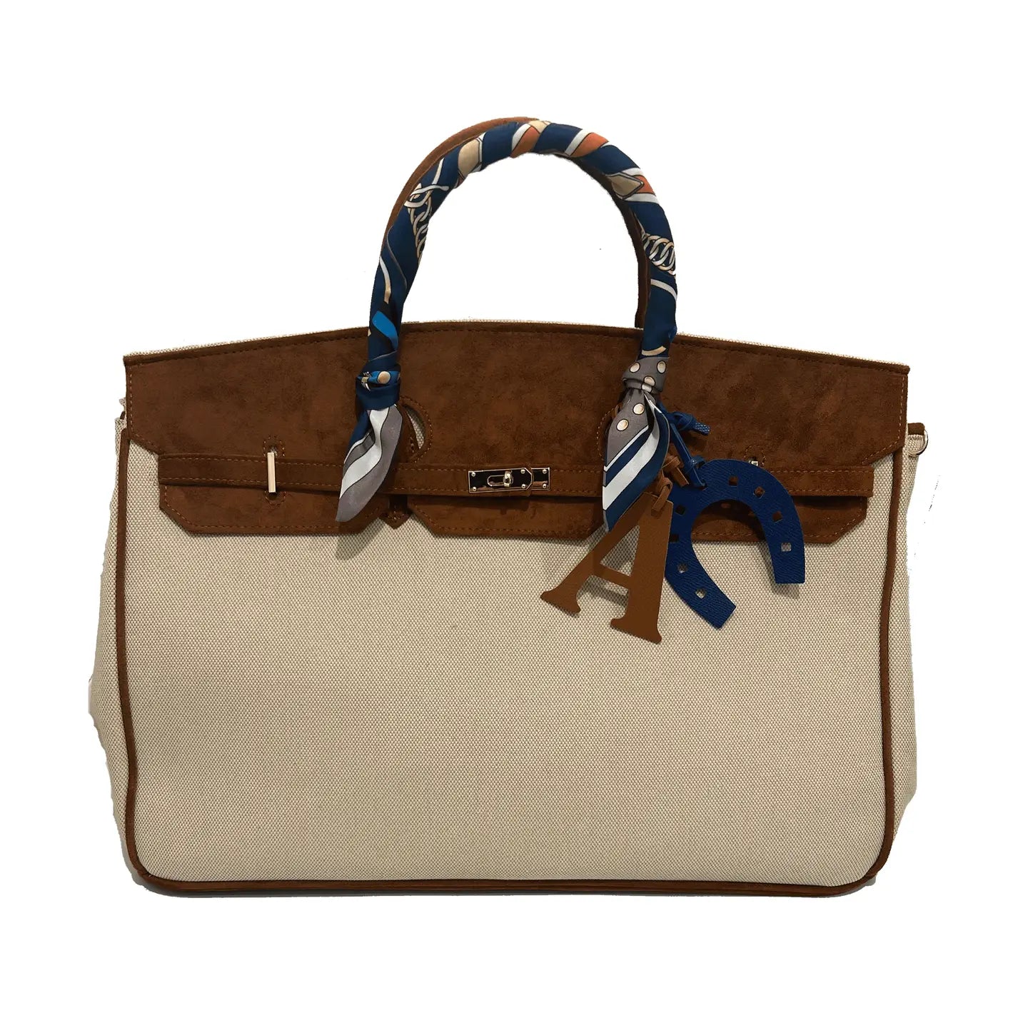 Two-Tone Canvas and Suede Structured Tote with Charm Accents