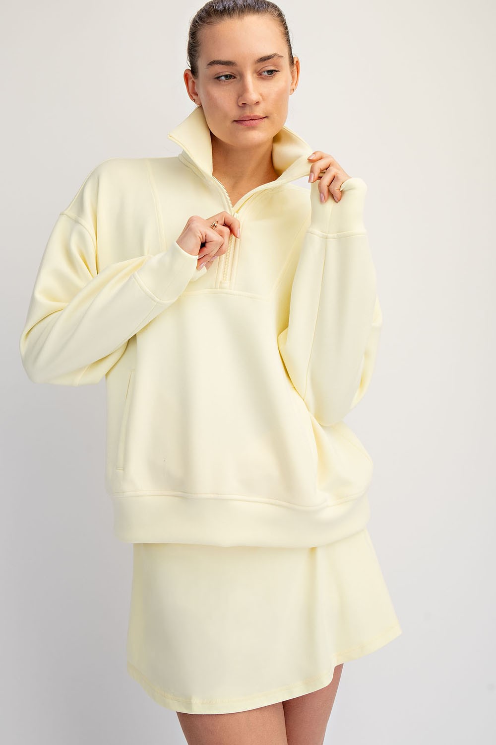 Modal Poly Span Quarter Zip Mock Neck Pullover in Butter Yellow