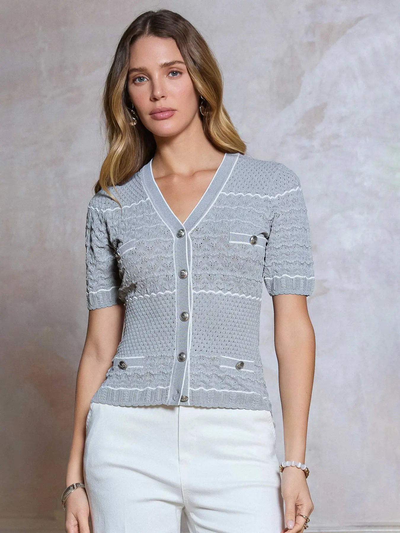 Gray Textured Knit Button Front Short Sleeve Cardigan Top