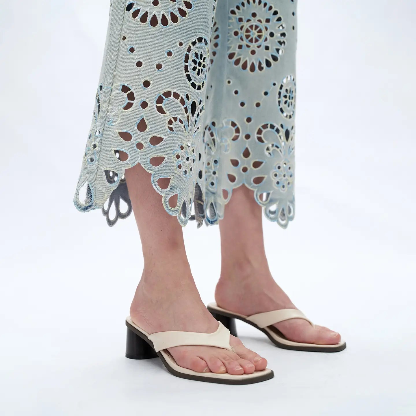 Light Wash Denim Culottes with Scalloped Laser Cut Hem