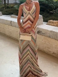Multicolor Crochet Knit Backless Maxi Dress