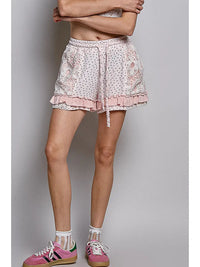 Pink Floral Lace Trim Ruffle Shorts
