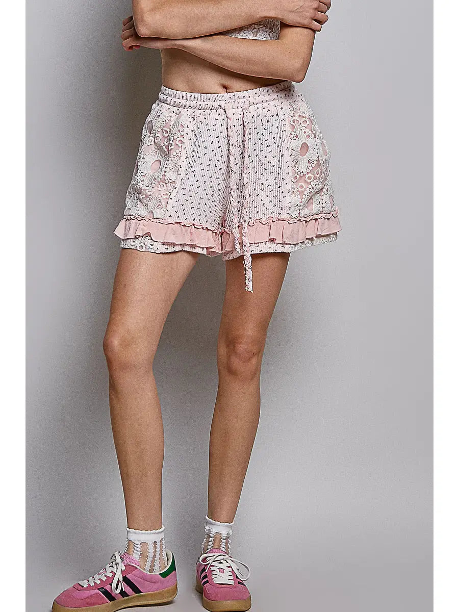 Pink Floral Lace Trim Ruffle Shorts
