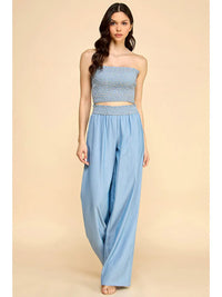 Smocked Strapless Crop Top and Wide Leg Pants Set