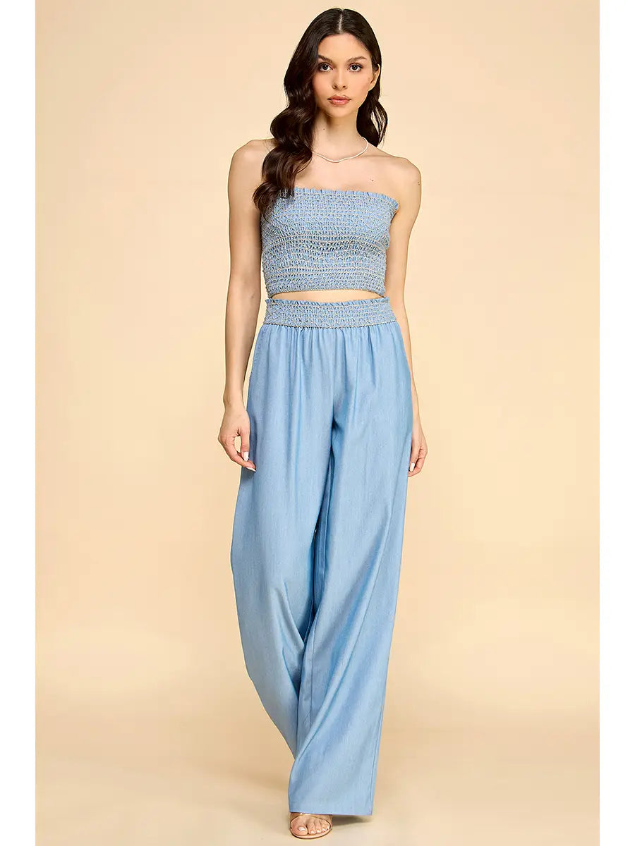 Smocked Strapless Crop Top and Wide Leg Pants Set