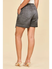 Charcoal Wash Elastic Waist Denim Mini Skirt with Pockets