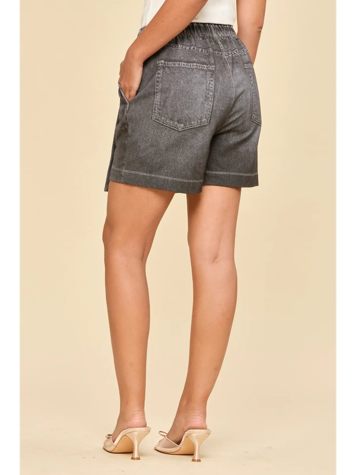 Charcoal Wash Elastic Waist Denim Mini Skirt with Pockets