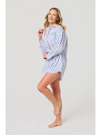 Blue & White Striped Beach Embroidered Oversized Button-Down Shirt Cover-Up